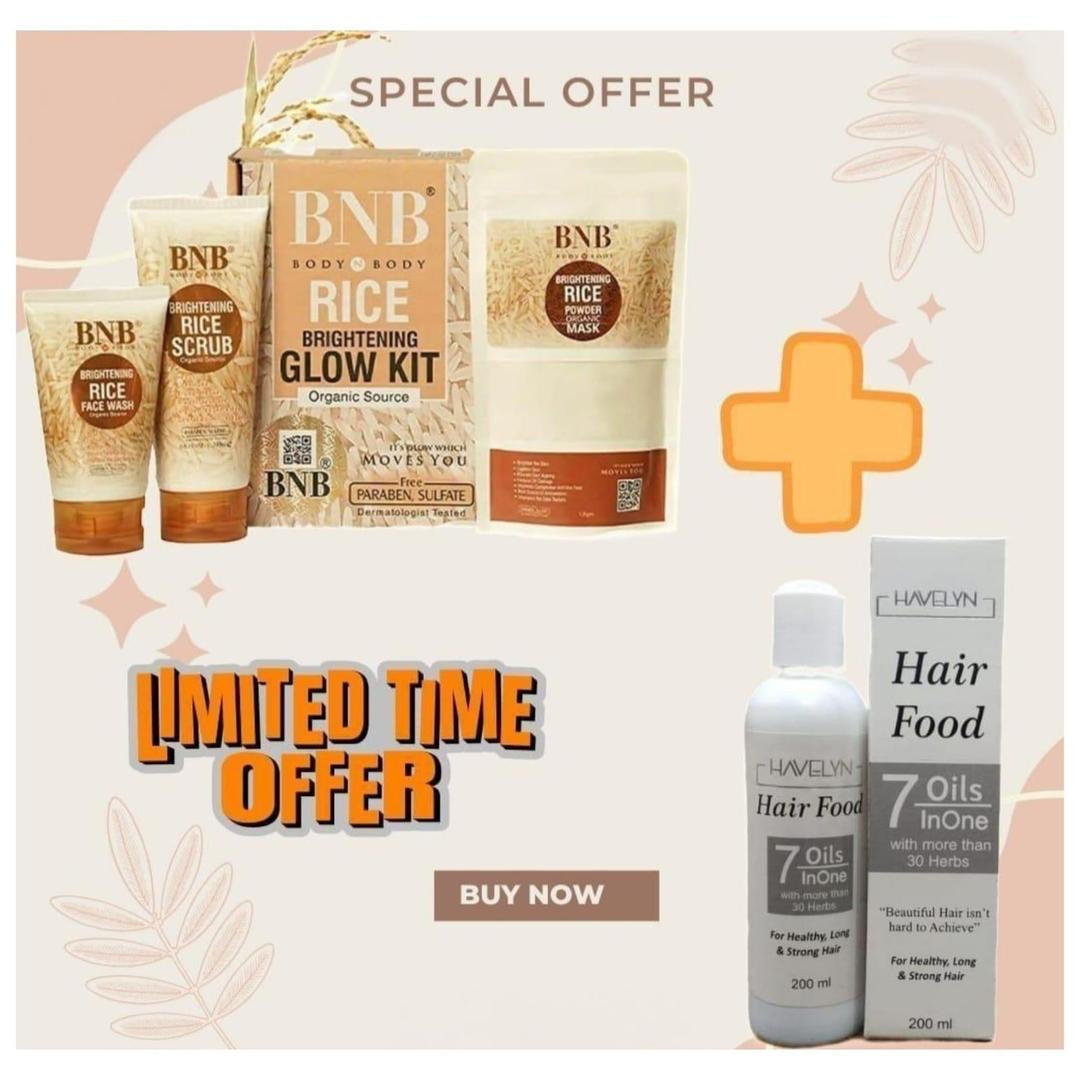 BNB Glow Kit Ultimate 4 in 1 Skincare & Haircare
Bundle - 4 Pcs Face Wash, Scrub, Mask & Hair oil