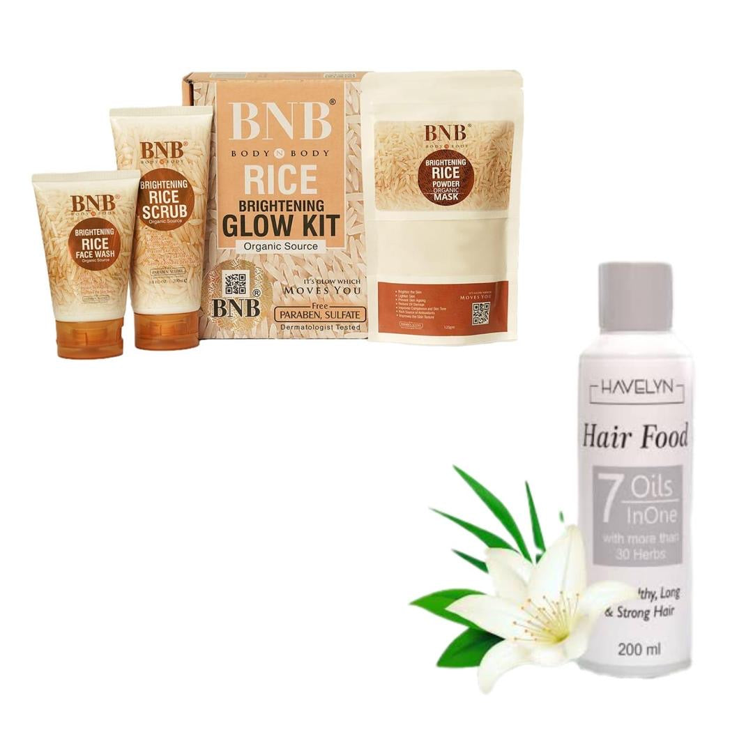 BNB Glow Kit Ultimate 4 in 1 Skincare & Haircare
Bundle - 4 Pcs Face Wash, Scrub, Mask & Hair oil