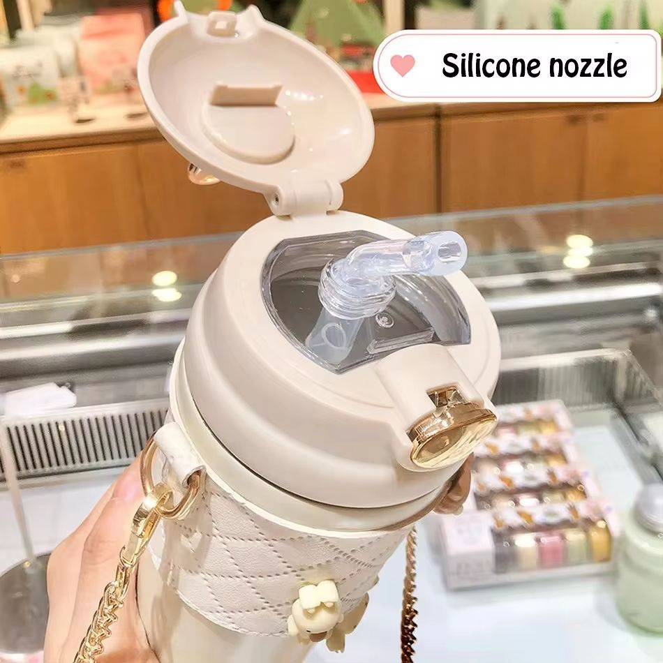 500ml Cute Rabbit Ear Plastic Water Bottles With Straw For Girls Kids Portable Strap Student Bottle With Cup Cover